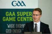24 August 2015; Pictured is Daragh Sheridan, Lead researcher University of Stirling, speaking at the GAA Super Games Centre Research Results Launch which tackled drop out of youth players within the GAA. Croke Park, Dublin. Picture credit: Piaras Ó Mídheach / SPORTSFILE