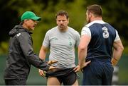 25 August 2015; Ireland assistant coach Les Kiss, left, with Cian Healy and specialist strength & conditioning coach John Kiely during squad training. Ireland Rugby Squad Training. Carton House, Maynooth, Co. Kildare. Picture credit: Brendan Moran / SPORTSFILE
