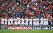 23 August 2015; The Tyrone team stand together for the national anthem. GAA Football All-Ireland Senior Championship, Semi-Final, Kerry v Tyrone. Croke Park, Dublin. Picture credit: Ray McManus / SPORTSFILE