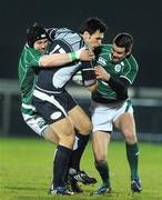 13 February 2009; Rob Dewey, Scotland A, is tackled by Sean O'Brien left, and Jonathan Sexton, Ireland A. A International, Ireland A v Scotland A. RDS, Dublin. Picture credit: Stephen McCarthy / SPORTSFILE