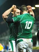 13 February 2009; Jonathan Sexton, Ireland A, no. 10, is congratulated by Cian Healy after scoring his side's first try. A International, Ireland A v Scotland A. RDS, Dublin. Picture credit: Stephen McCarthy / SPORTSFILE