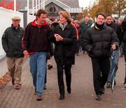 17 October 2000; A demonstration was held at The Curragh Racecourse today to highlight the fact that the Turf Club stands in the way of securing the future for racing. Attendees included stable and stud employees, trainers, jockeys, owners, breeders, farriers and racecourse representatives. Pictured is trainer Aidan O'Brien, right, during the protest at The Curragh Racecourse in Kildare. Photo by Damien Eagers/Sportsfile