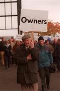 17 October 2000; A demonstration was held at The Curragh Racecourse today to highlight the fact that the Turf Club stands in the way of securing the future for racing. Attendees included stable and stud employees, trainers, jockeys, owners, breeders, farriers and racecourse representatives. Pictured is a demonstrator during the protest at The Curragh Racecourse in Kildare. Photo by Damien Eagers/Sportsfile