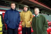 17 October 2000; A demonstration was held at The Curragh Racecourse today to highlight the fact that the Turf Club stands in the way of securing the future for racing. Attendees included stable and stud employees, trainers, jockeys, owners, breeders, farriers and racecourse representatives. Pictured are, from left, Derek Ictan, member of the Racing Industry Group, Peter McCarthy, Chairman of the owners Association, and Willie Mullins, Chairman of the Racehorse Trainers Association, during the protest at The Curragh Racecourse in Kildare. Photo by Damien Eagers/Sportsfile