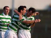 15 October 2000; Brian Byrne of Shamrock Rovers, left, celebrates with his team-mate Derek Treacy after scoring his side's second goal during the Eircom League Premier Division match between Shamrock Rovers and Cork City at Morton Stadium in Dublin. Photo by Aoife Rice/Sportsfile