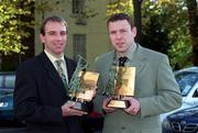 18 October 2000; Kilkenny hurler DJ Carey, left, and Kerry footballer Seamus Moynihan are pictured with their Eircell GAA Player of the Month awards for Ocotber, at the Burlington Hotel in Dublin. Photo by Ray McManus/Sportsfile