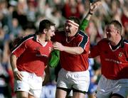 21 October 2000; David Wallace of Munster, left, is congratulated by team-mates Anthony Foley, centre, and Mick Galwey, right, after scoring his side's second try during the Heineken Cup Pool 4 match between Munster and Bath at Thomond Park in Limerick. Photo by Damien Eagers/Sportsfile