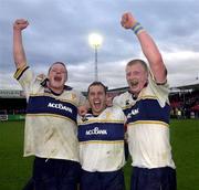 21 October 2000; Leinster players, from left Malcolm O'Kelly, Girvan Dempey and Leo Cullen celebrate following their side's victory during the Heineken Cup Pool 1 match between Northampton Saints and Leinster at Franklin's Gardens in Northampton, England. Photo by Matt Browne/Sportsfile