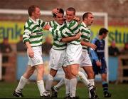 22 October 2000; Jason Colwell of Shamrock Rovers, second left, is congratulated by team-mates Sean Francis and Tommy Dunne after scoring during the Eircom League Premier Division match between UCD and Shamrock Rovers at Belfield Park in Dublin. Photo by Ray Lohan/Sportsfile