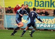 22 October 2000; Tony McDonnell of UCD, left, celebrates with team-mate John Martin after scoring his side's first goal during the Eircom League Premier Division match between UCD and Shamrock Rovers at Belfield Park in Dublin. Photo by Pat Murphy/Sportsfile