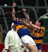 22 October 2000; Brian Quinn of Clare in action against Lar Corbett of Tipperary during the Waterford Crystal South East Hurling League match between Clare and Tipperary at Cusack Park in Ennis, Clare. Photo by Brendan Moran/Sportsfile