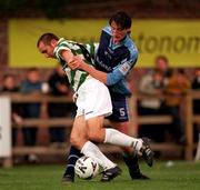 22 October 2000; Tony Grant of Shamrock Rovers in action against Clive Delaney of UCD during the Eircom League Premier Division match between UCD and Shamrock Rovers at Belfield Park in Dublin. Photo by Ray Lohan/Sportsfile