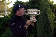 8 October 2000; Paul McGinley kisses the trophy following his victory on Day 4 of the Smurfit Irish PGA Championship at the County Louth Golf Club in Baltray, Louth. Photo by Matt Browne/Sportsfile