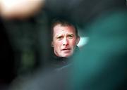 17 October 2000; A demonstration was held at The Curragh Racecourse today to highlight the fact that the Turf Club stands in the way of securing the future for racing. Attendees included stable and stud employees, trainers, jockeys, owners, breeders, farriers and racecourse representatives. Pictured is jockey Mick Kinane during the protest at The Curragh Racecourse in Kildare. Photo by Damien Eagers/Sportsfile