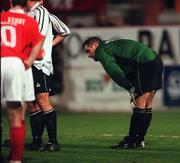 27 October 2000; Cork City goalkeeper Michael Devine after being shown a red card during the Eircom League Premier Division match between Shelbourne and Cork City at Tolka Park in Dublin. Photo by Ray McManus/Sportsfile