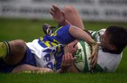 28 October 2000; Aurelien Rougerie of AS Montferrand is tackled by Wayne Mullins of Connacht during the European Rugby Challenge Cup match between Connacht and AS Montferrand at Ericsson Park in Athlone, Westmeath. Photo by Damien Eagers/Sportsfile