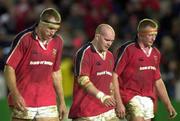 28 October 2000; Munster players, from left, John Langford, John Hayes and Mick O'Driscoll following their side's defeat during the Heineken European Cup Pool 4 Round 4 match between Bath and Munster at the Recreation Ground in Bath, England. Photo by Matt Browne/Sportsfile