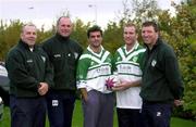 31 October 2000; Ireland players and staff, from left, coaches Steve O'Neill and Andy Kelly, Brian Carney, Ian Herron and team manager Ralph Rimmer, stand for a group photograph prior to their Rugby League World Cup Group 4 match against Scotland at Tolka Park in Dublin on 1 November. Photo by Damien Eagers/Sportsfile
