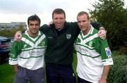 31 October 2000; Ireland players Brian Carney, left, Ian Herron, right, and team manager Ralph Rimmer pose for a photograph prior to their Rugby League World Cup Group 4 match against Scotland at Tolka Park in Dublin on 1 November. Photo by Damien Eagers/Sportsfile