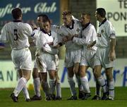 1 November 2000; Vinny Arkins of Irish League XI, centre, is congratulated by team-mates after scoring his side's first goal during the Inter-League Representative Friendly match between League of Ireland XI and Irish League XI at Terryland Park in Galway. Photo by David Maher/Sportsfile