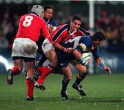 3 November 2000; Shane Horgan of Leinster is tackled by Jeremy Staunton of Munster during the Guinness Interprovincial Championship match between Leinster and Munster at Donnybrook Stadium in Dublin. Photo by Brendan Moran/Sportsfile