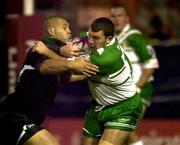 4 November 2000; Barrie McDermott of Ireland is tackled by Paul Rauhihi of Aotearoa Māori during the 2000 Rugby League World Cup Group 4 match between Ireland and Aotearoa Māori at Tolka Park in Dublin. Photo by Matt Browne/Sportsfile