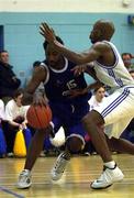 5 November 2000; Pierre Shuttlesworth of O'Hagan Saints, left, in action against Eric Jackson of Thorn Killester during the ESB League match between O'Hagan Saints and Thorn Killester at St VincentÕs CBS in Glasnevin, Dublin. Photo by Brendan Moran/Sportsfile