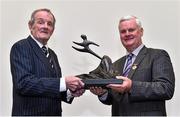 26 August 2015; Uachtarán Chumann Lúthchleas Gael Aogán Ó Fearghail presents Dublin's Jimmy Keaveney with his Hall of fame award. GAA Museum Hall of Fame. GAA Museum, Croke Park, Dublin. Picture credit: Matt Browne / SPORTSFILE