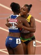 27 August 2015; Dina Asher-Smith of Great Britain and Veronica Campbell-Brown of Jamaica following their semi-final of the Women's 200m event. IAAF World Athletics Championships Beijing 2015 - Day 6, National Stadium, Beijing, China. Picture credit: Stephen McCarthy / SPORTSFILE