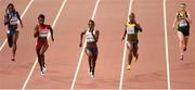 27 August 2015; Athletes, from left, Gloria Hooper of Italy, Jeneba Tarmoh of USA, Dina Asher-Smith of Great Britain, Veronica Campbell-Brown of Jamaica and Justine Palframan of South Africa during their semi-final of the Women's 200m event. IAAF World Athletics Championships Beijing 2015 - Day 6, National Stadium, Beijing, China. Picture credit: Stephen McCarthy / SPORTSFILE