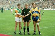 3 September 1995; Johnny Pilkington, left, Offaly captain, shakes hands with Anthony Daly, Clare captain with referee Dickie Murphy. All-Ireland Hurling Final, Clare v Offaly, Croke Park, Dublin. Picture credit; SPORTSFILE