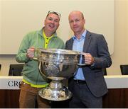 27 August 2015; Tyrone great Peter Canavan in attendance at today's Bord Gáis Energy Legends Tour at Croke Park, where he relived some of most memorable moments from his playing career. Picture is Paul Corrigan with Peter Canavan. All Bord Gáis Energy Legends Tours include a trip to the GAA Museum, which is home to many exclusive exhibits, including the official GAA Hall of Fame. For booking and ticket information about the GAA legends for this summer visit www.crokepark.ie/gaa-museum. Croke Park, Dublin. Picture credit: Seb Daly / SPORTSFILE