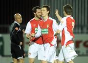 18 February 2009; Alan Cawley, St Patrick's Athletic, centre, is congratulated by team-mates Darragh Ryan, left, and Stephen Maher, after scoring his side's first goal. Pre-Season Friendly, St Patrick's Athletic v Chelsea XI. Richmond Park, Dublin. Picture credit: Diarmuid Greene / SPORTSFILE