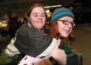 16 February 2009; Katherine Daly, TEAM Ireland, sponsored by eircom, from Dalkey, Co. Dublin, who won a Bronze medal at the Special Olympics World Winter Games, with her sister Anna on her arrival home at Dublin Airport. Photo by Sportsfile