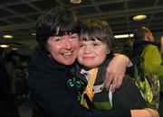 16 February 2009; Rebecca McGongal, TEAM Ireland, sponsored by eircom, from Clontarf, Co. Dublin, who won two Bronze and Silver medals at the Special Olympics World Winter Games, with her mother Ailish Murphy on her arrival home at Dublin Airport. Photo by Sportsfile