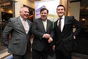 18 February 2009; At the launch of the 2009 Comortas Peile Paidi O Se, from left, Paidi O Se, An Taoiseach Brian Cowen and Shane Guest, of Cadbury Ireland. The 20th year of the weekend takes place in West Kerry from the 27th February to 1st March and is being sponsored by Cadbury, who have a factory in Rathnmore, Co. Kerry and is also a sponsor of the Cadbury U21 All-Ireland Football Championship. Burlington Hotel, Dublin. Picture credit: Brendan Moran / SPORTSFILE
