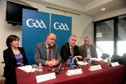 20 February 2009; A general view of the 2009 M Donnelly Inter-Provincial Hurling Championship Final presented by Etihad press conference, from left, Beatrice Cosgrove, Etihad Airways, competiton sponsor Martin Donnelly, GAA President-elect Christy Cooney and Leascheannansaí TG4 Pádhraic Ó Ciardha. The GAA has confirmed that top level hurling will be played in the Middle East for the first time next month when the final of the 2009 M Donnelly Inter-provincial Hurling Championship will be played in Abu Dhabi thanks to a novel arrangement with hurling championship sponsors Etihad and the Abu Dhabi Tourism Authority. 2009 M Donnelly Inter-Provincial Hurling Championship final presented by Etihad Press Conference. Croke Park, Dublin. Picture credit: Stephen McCarthy / SPORTSFILE