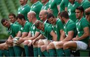 28 August 2015; Ireland's Jamie Heaslip and Jonathan Sexton share a laugh during the official team photograph before the captain's run. Ireland Rugby Squad Captain's Run, Aviva Stadium, Lansdowne Road, Dublin. Photo by Sportsfile