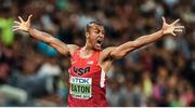 28 August 2015; Ashton Eaton of USA celebrates after winning the 400m discipline of the Men's Decathlon event, in a World Decathlon best time of 45:00. IAAF World Athletics Championships Beijing 2015 - Day 7, National Stadium, Beijing, China. Picture credit: Stephen McCarthy / SPORTSFILE