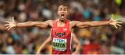 28 August 2015; Ashton Eaton of USA celebrates after winning the 400m discipline of the Men's Decathlon event, in a World Decathlon best time of 45:00. IAAF World Athletics Championships Beijing 2015 - Day 7, National Stadium, Beijing, China. Picture credit: Stephen McCarthy / SPORTSFILE