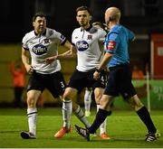 28 August 2015; Dundalk's Brian Gartland, left, remonstrates with referee Padraig Sutton after his goal was disallowed. SSE Airtricity League Premier Division, Bohemians v Dundalk, Dalymount Park, Dublin. Picture credit: David Maher / SPORTSFILE