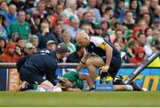 29 August 2015 Keith Earls, Ireland, is attended to by team physio James Allen and team doctor Eanna Falvey. Rugby World Cup Warm-Up Match, Ireland v Wales, Aviva Stadium, Lansdowne Road, Dublin. Picture credit: Brendan Moran / SPORTSFILE