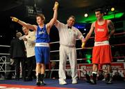 20 February 2009; Philip Sutcliffe, Crumlin, left, celebrates after his victory over John Joe Joyce, St Michael's Athy, in their 64KG bout. National Senior Boxing Championships Finals, National Stadium, Dublin. Picture credit: Ray Lohan / SPORTSFILE