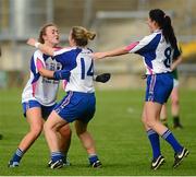 29 August 2015; Waterford players Caoimhe McGrath, left, Sinead Ryan and Louise Ryan celebrate after the game. TG4 Ladies Football All-Ireland Intermediate Championship, Semi-Final, Leitrim v Waterford, Gaelic Grounds, Limerick. Picture credit: Piaras Ó Mídheach / SPORTSFILE
