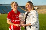 29 August 2015; Valerie Mulcahy, Cork, is presented with the LGFA / TG4 Player of the Match by Marie Hickey, President, Ladies Gaelic Football Association. TG4 Ladies Football All-Ireland Senior Championship, Semi-Final, Cork v Kerry, Gaelic Grounds, Limerick. Picture credit: Piaras Ó Mídheach / SPORTSFILE