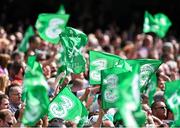 29 August 2015; Ireland supporters wave flags during the game. Rugby World Cup Warm-Up Match, Ireland v Wales, Aviva Stadium, Lansdowne Road, Dublin. Picture credit: Ramsey Cardy / SPORTSFILE