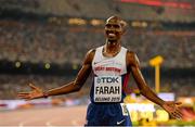29 August 2015; Mo Farah of Great Britain after winning the final of the Men's 5000m event. IAAF World Athletics Championships Beijing 2015 - Day 8, National Stadium, Beijing, China. Picture credit: Stephen McCarthy / SPORTSFILE