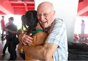 30 August 2015; Sinead Diver, from Belmullet, Co. Mayo, representing Australia, with her father Eddie following her 21st place finish in the Women's Marathon event. IAAF World Athletics Championships Beijing 2015 - Day 9, National Stadium, Beijing, China. Picture credit: Stephen McCarthy / SPORTSFILE