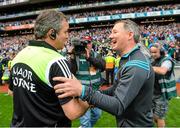 30 August 2015; Dublin manager Jim Gavin, right, shakes hands with Mayo joint manager Noel Connelly after the game. GAA Football All-Ireland Senior Championship, Semi-Final, Dublin v Mayo, Croke Park, Dublin. Picture credit: Ramsey Cardy / SPORTSFILE