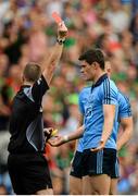 30 August 2015; Match referee Joe McQuillan shows a red card to Dublin's Diarmuid Connolly in the final stages of the game. GAA Football All-Ireland Senior Championship, Semi-Final, Dublin v Mayo, Croke Park, Dublin. Picture credit: Brendan Moran / SPORTSFILE